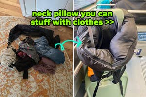reviewer's empty neck pillow with a pile of clothes next to it and reviewer's stuffed neck pillow