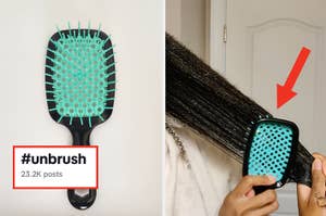Person using a detangling brush on long, straight hair, demonstration for #unbrush hashtag