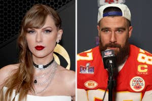 A closeup of Taylor Swift vs Travis Kelce speaks at press conference