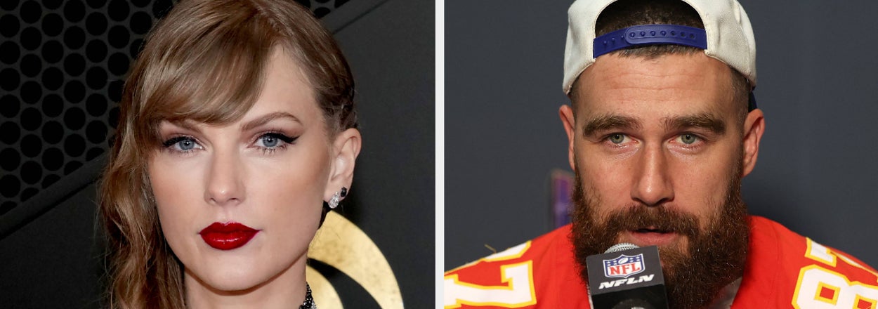 A closeup of Taylor Swift vs Travis Kelce speaks at press conference