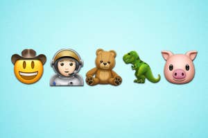 A cowboy face emoji, an astronaut emoji, a teddy bear emoji, a dinosaur emoji, and a pig emoji