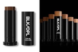 Black cylindrical BLK/OPL makeup stick with additional sticks showing varied shades in background
