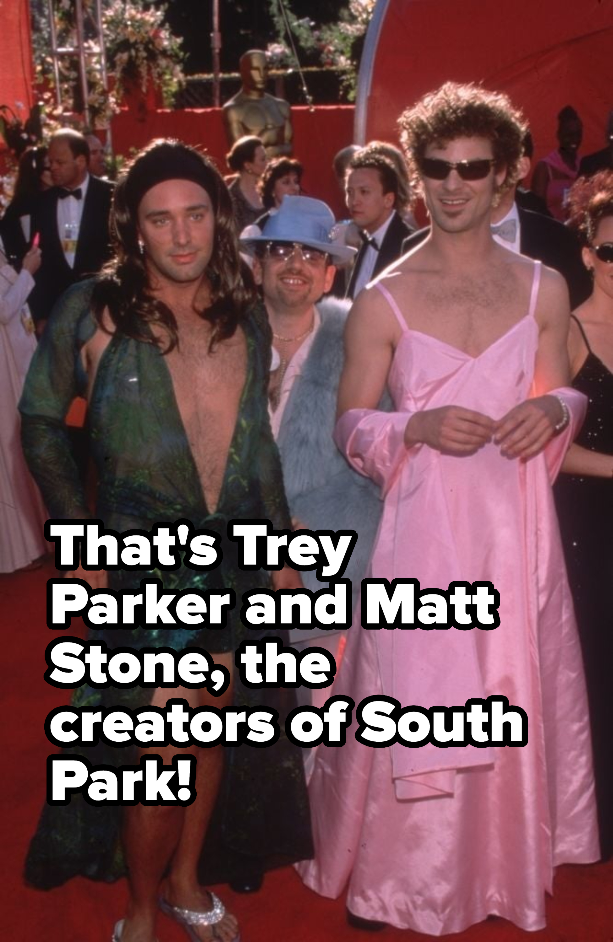 Two celebrities on red carpet: one in a sheer green outfit, other in pink strapless dress, both with unique accessories