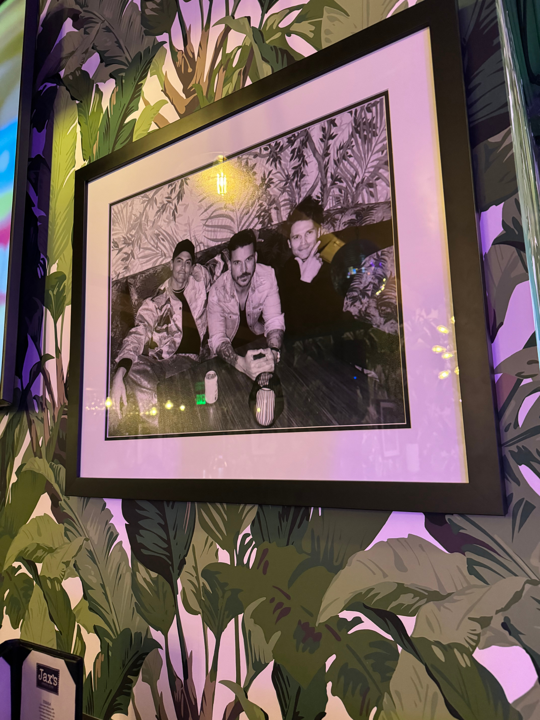 Framed photo of three individuals posing at a table, mounted on a wall with a leaf patterned wallpaper