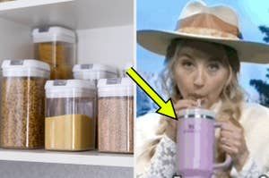 A woman sips from a blender cup, located next to organized pantry containers, implying efficient meal prep or food management