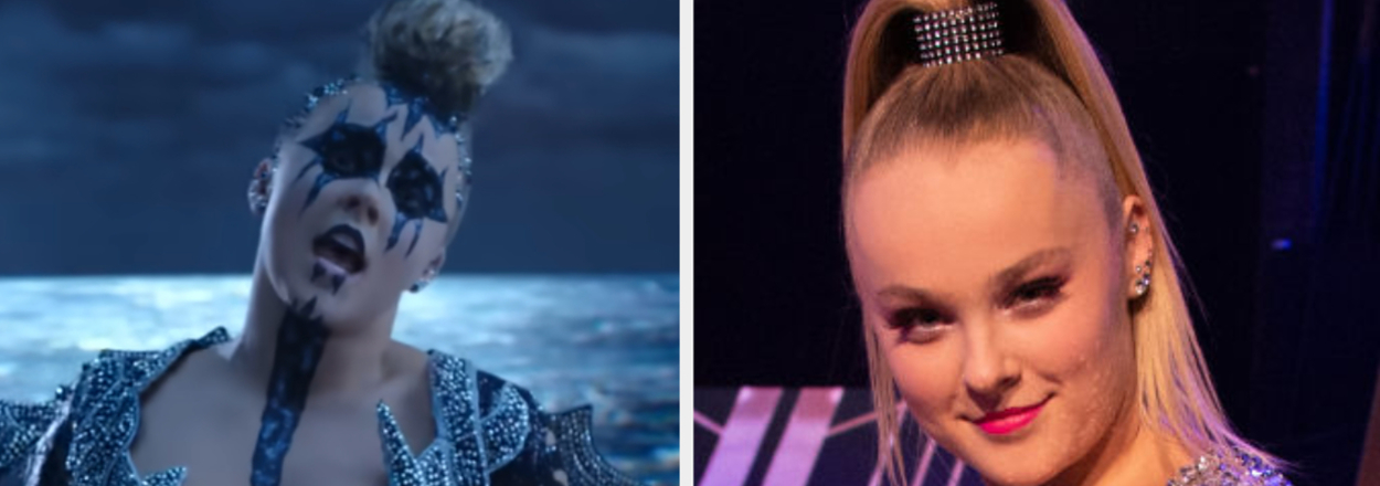 JoJo Siwa in a sparkly outfit, split image with her in a mask, question "Which JoJo Siwa era are you?"