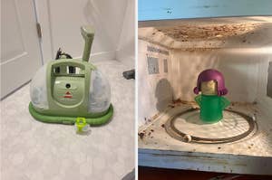 A green carpet cleaner on tiled floor; a microwave interior with a stained turntable and a green and purple angry mama steam cleaner
