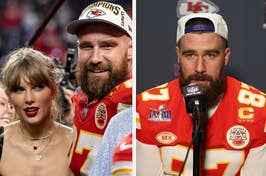 Taylor Swift next to Travis Kelce vs Travis Kelce speaks at a press conference
