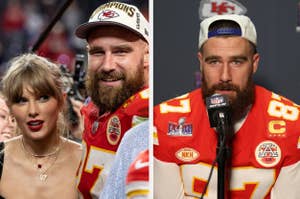 Taylor Swift next to Travis Kelce vs Travis Kelce speaks at a press conference