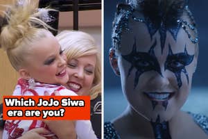 Two images side by side: Left - JoJo Siwa embracing a woman; Right - Dramatic makeup and costume, unidentified person. Text: "Which JoJo Siwa era are you?"