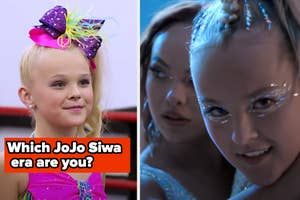 Two side-by-side photos of JoJo Siwa in different outfits, asking "Which JoJo Siwa era are you?"