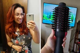Woman takes selfie with phone; hand holding a hair styling brush. Used in a shopping context for personal care items