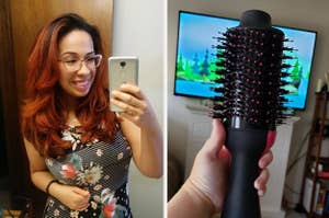 Woman takes selfie with phone; hand holding a hair styling brush. Used in a shopping context for personal care items