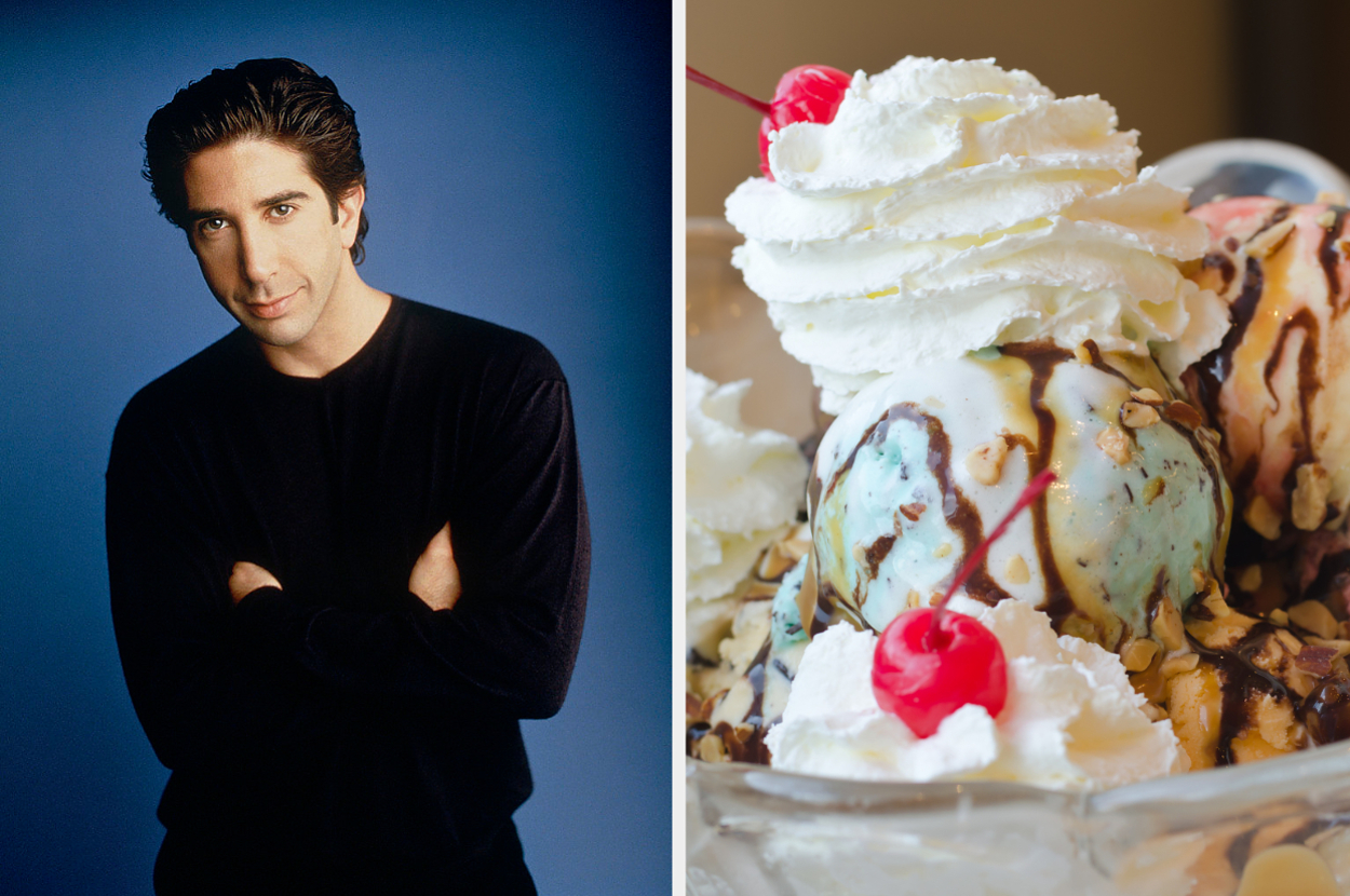 Man in black turtleneck with arms crossed. Bowl of sundae with whipped cream and cherry
