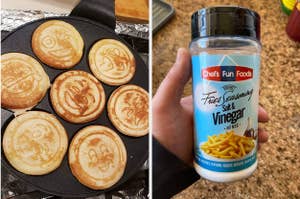 Person made pancakes with smiley faces; bottle of salt and vinegar seasoning for fries