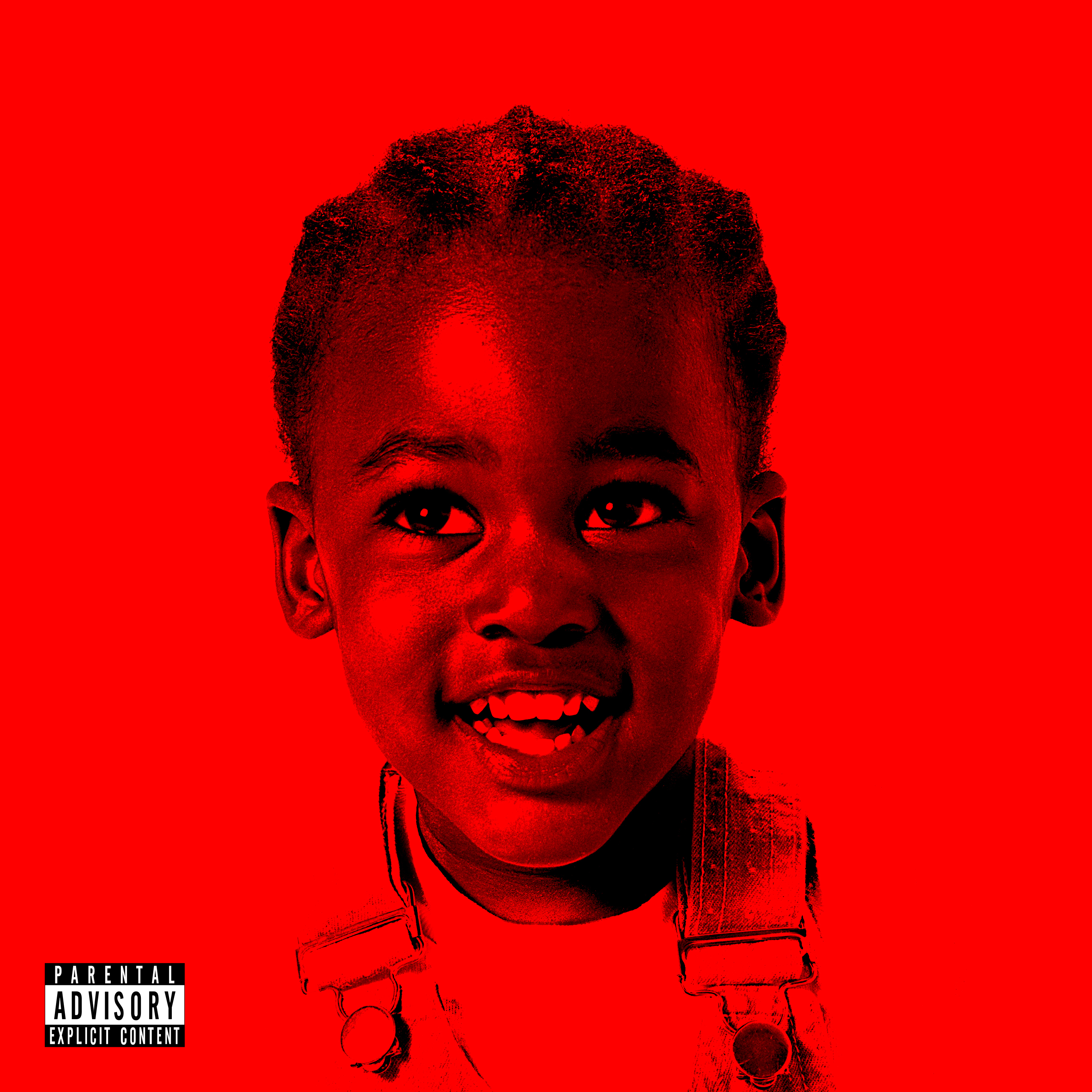 Child smiling on a red background with a &quot;Parental Advisory Explicit Content&quot; label in the corner