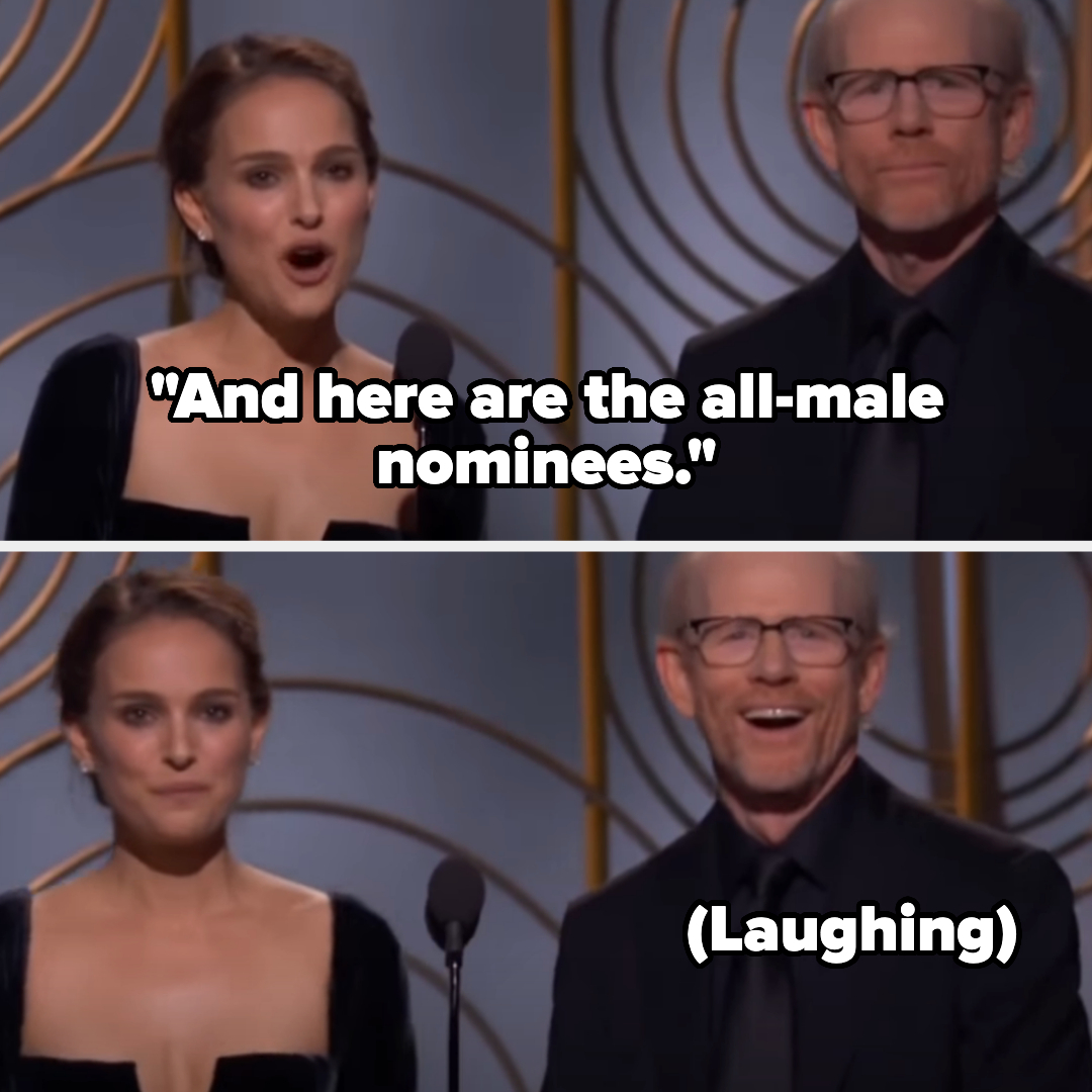 Natalie Portman on stage with presenter, text jokes about male nominees, both shown laughing