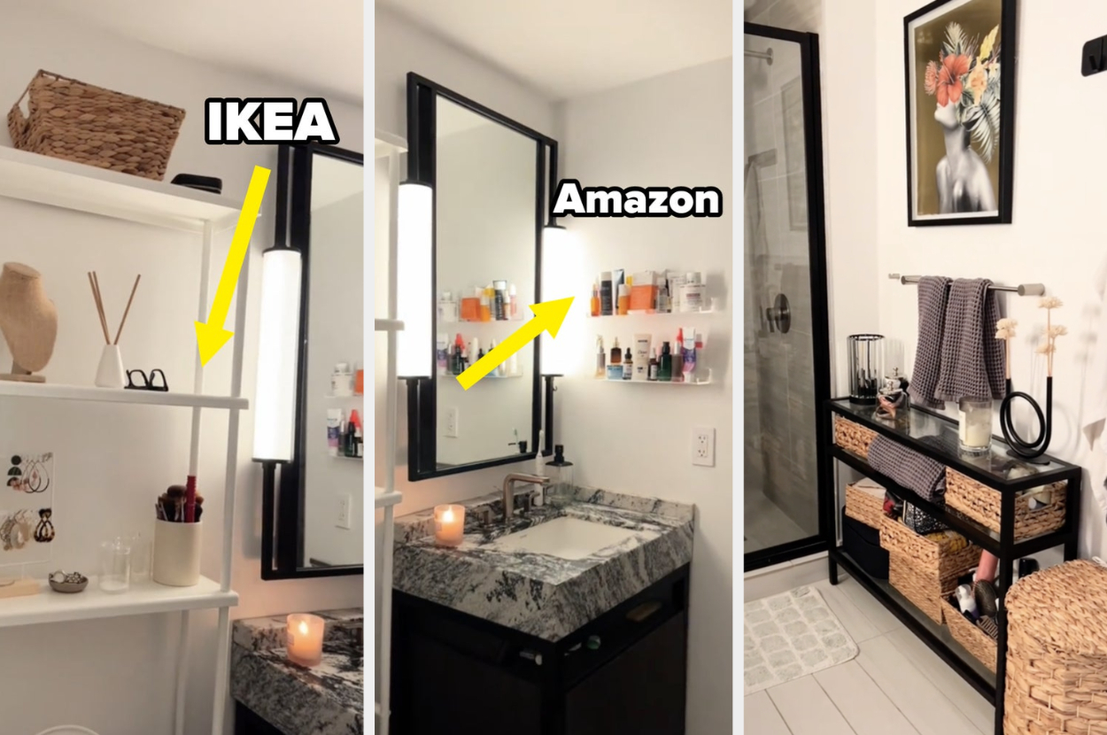 Comparison of bathroom items sourced from IKEA and Amazon displayed on shelves and countertop