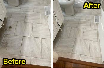 reviewer showing their bathroom floor before and after using the spin scrubber