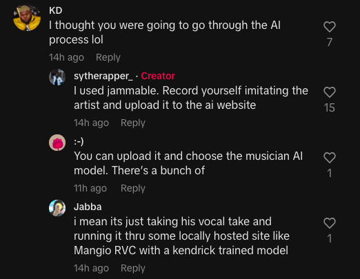 Comments under a post discussing the use of an AI to imitate a musician&#x27;s voice and upload recordings, with varying views on authenticity and hosting sites