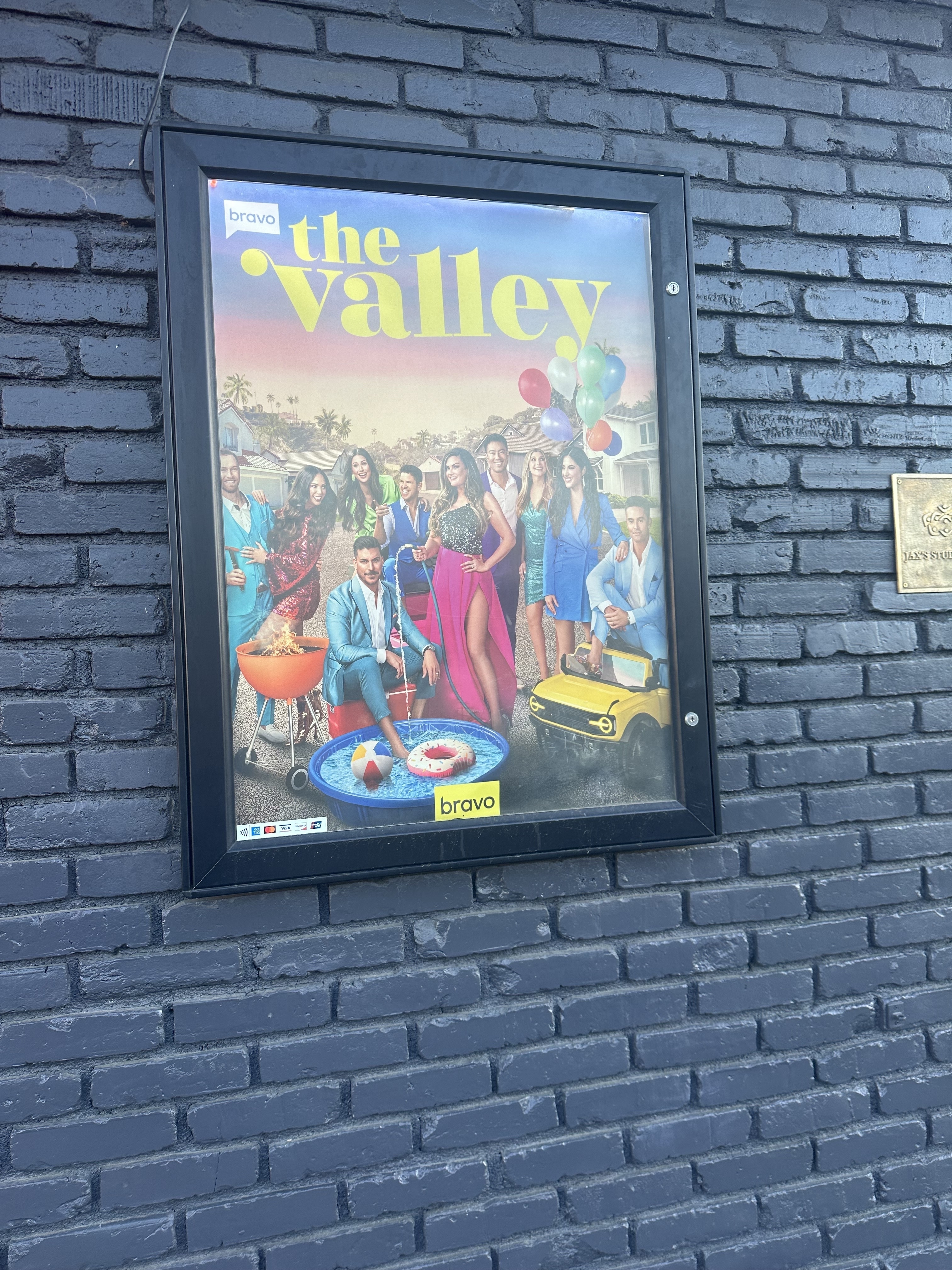 Promotional poster for the show &quot;The Valley&quot; with cast members posing around a yellow car and a swimming pool