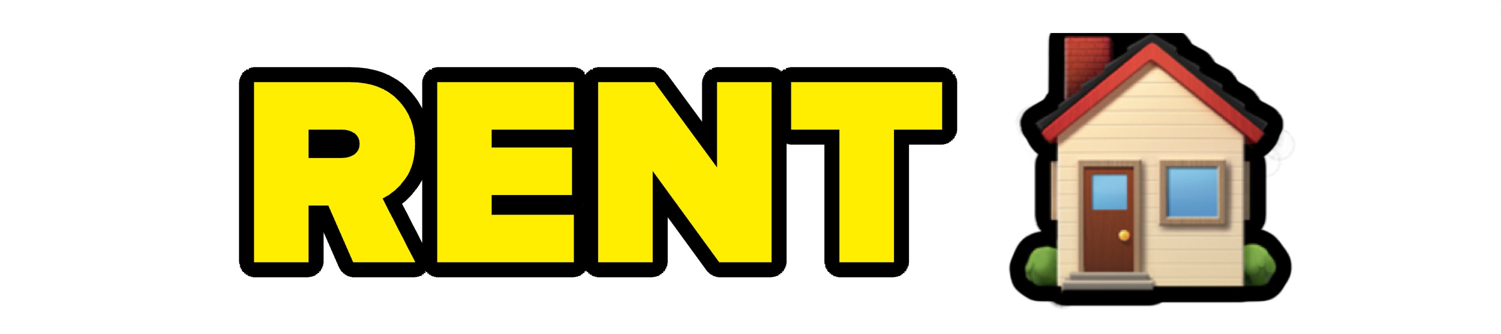 Graphic with bold text &quot;RENT&quot; next to an illustrated house