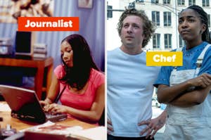 Split image: Left shows a woman at a desk with a computer, labeled "Journalist". Right shows a man and woman in kitchen attire labeled "Chef"