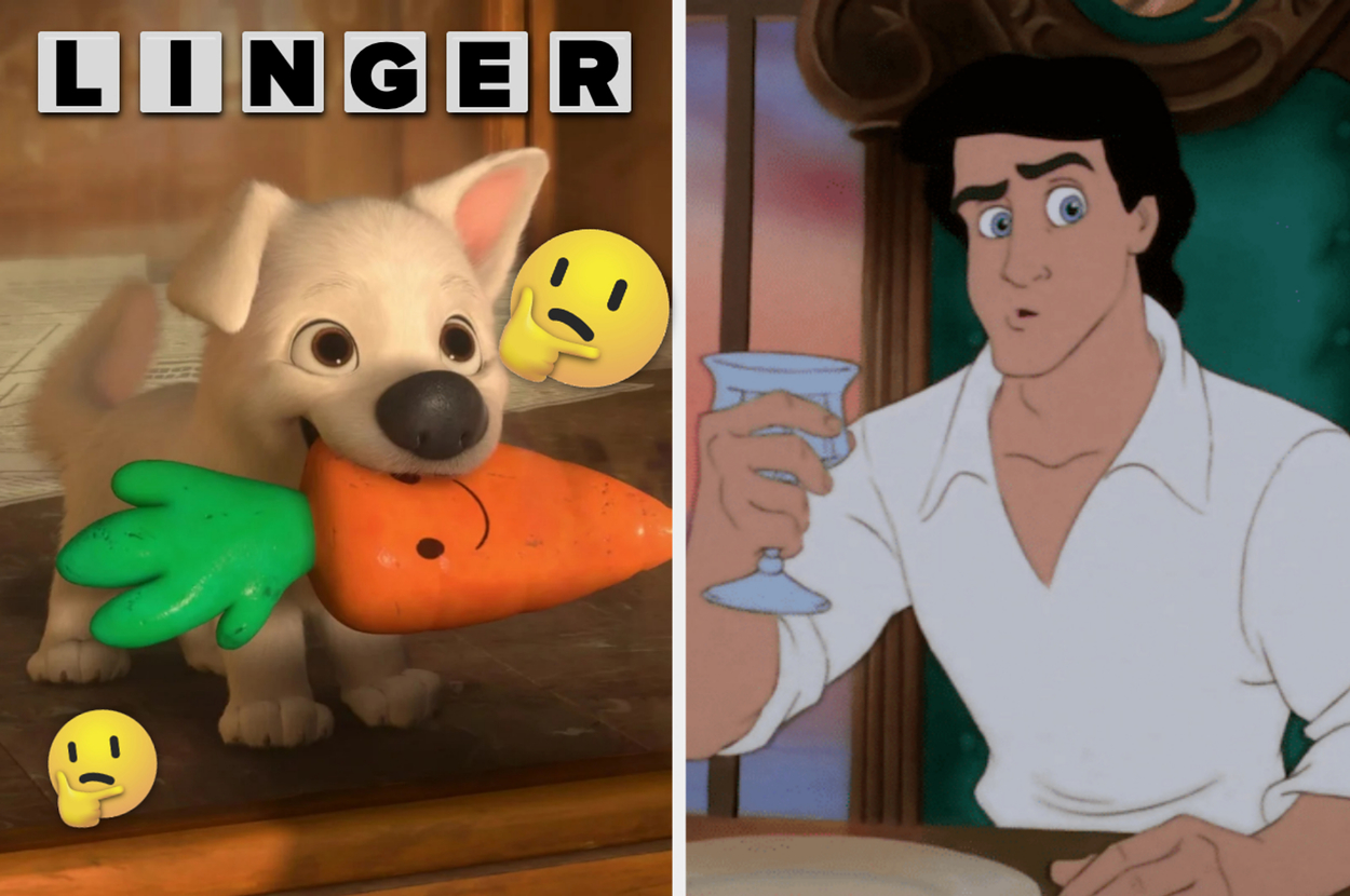 Animated puppy carrying a carrot; Prince Eric from The Little Mermaid holding a glass. Emojis overlaid