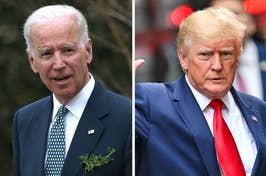 Split image of Joe Biden on the left and Donald Trump on the right, both in suits
