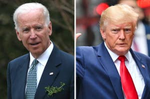 Split image of Joe Biden on the left and Donald Trump on the right, both in suits