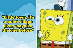 Animated character SpongeBob with a quizzical expression beside text lyrics from a song