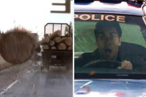 Split-screen of a log coming off a truck towards a car and a man reacting in shock while driving