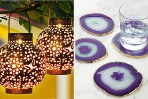 Two photos featuring decorative items: hanging pierced-metal lanterns on the left and coasters made of sliced agate on the right