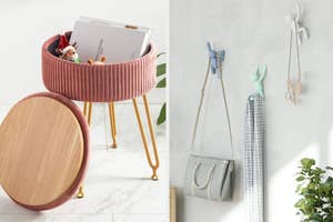 Two trendy home decor items: a knitted storage stool and wall-mounted rabbit ear hooks