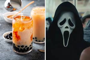 Left: Boba tea being poured into a glass with tapioca pearls. Right: Ghostface from Scream series