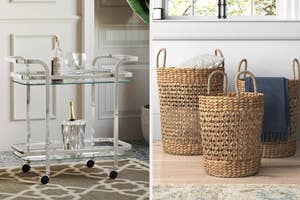 Glass bar cart with wheels next to woven storage baskets in a home setting