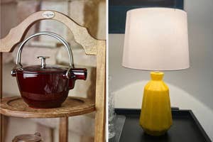 Two teapots designed to look like furniture, one resembling a chair and the other a lamp