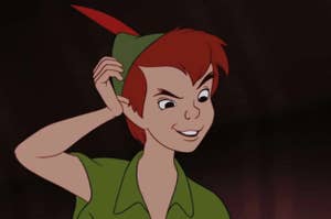 Character Peter Pan with a playful expression, touching his hat