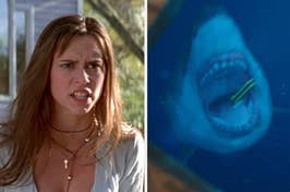 Split screen of Julie James from "I Know What You Did Last Summer" and a great white shark