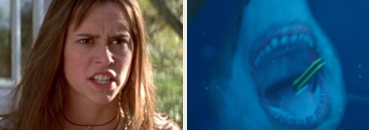 Split screen of Julie James from "I Know What You Did Last Summer" and a great white shark
