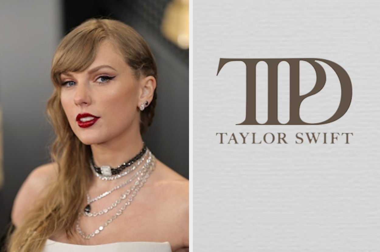 Taylor Swift wearing a dark outfit and pearl necklace, standing on a red carpet; adjacent is her logo