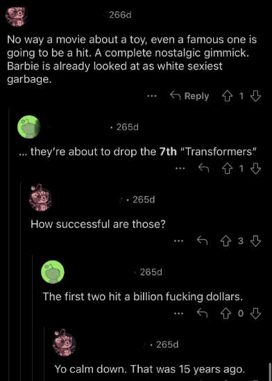 Conversation on social media discussing the success of Transformers movies and the novelty of a new film