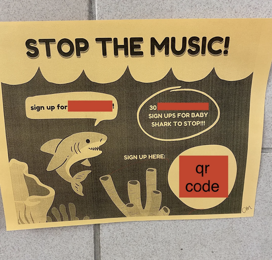 Poster with the title "STOP THE MUSIC!" featuring a cartoon shark and text about signing up to halt Baby Shark song, with a redacted signup line and a QR code