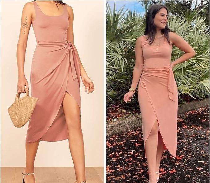 Side-by-side comparison of a model and a customer wearing the same pink dress with a tie detail, each styled differently