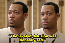 Person with a concerned expression in two similar poses with a quote about delusion