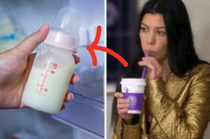 Person holding a baby bottle in one image, and Kourtney Kardashian sipping a drink in another, indicating choices for parents