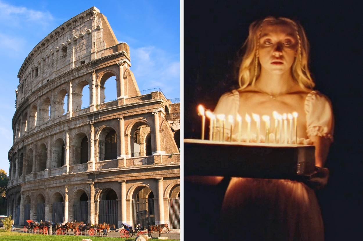 On the left, the Colosseum in Rome, and on the right, Sydney Sweeney holding a birthday cake with lit candles as Cassie on Euphoria