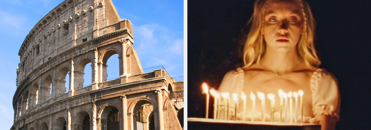 On the left, the Colosseum in Rome, and on the right, Sydney Sweeney holding a birthday cake with lit candles as Cassie on Euphoria