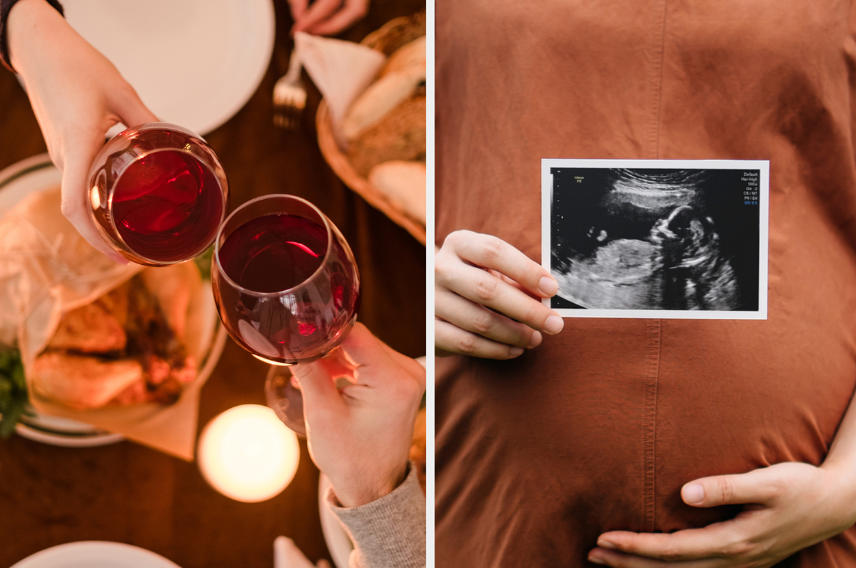 Two-part image: Left - Two people toasting with red wine; Right - Person holding an ultrasound next to a pregnant belly