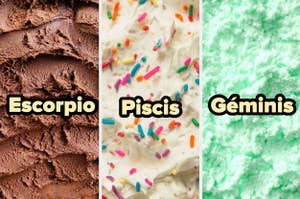 Tres diferentes tipos de helado con los signos del zodiaco Escorpio, Piscis y Géminis escritos encima